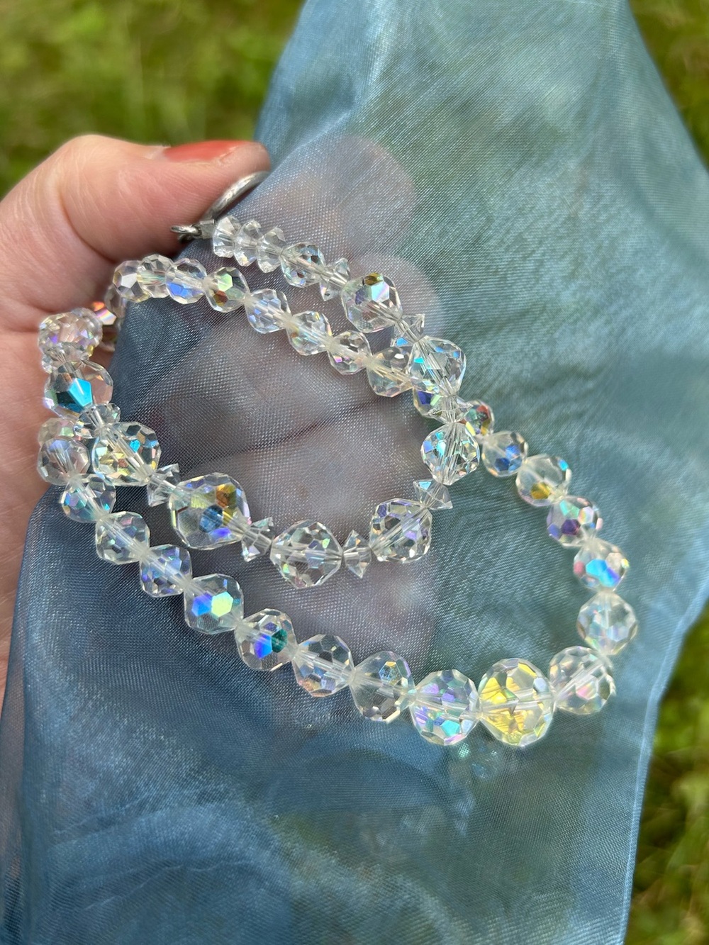 Crystal Aurora Borealis Beaded Necklace And Bracelet Set - Vintage- Iridescent